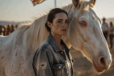 No one wanted to buy the fierce white horse with a flank full of scars and pale eyes — an animal that even its trainer said was too dangerous, to the point that grown men had to step back. At every auction, the scene repeated: silence, a few mocking laughs, and the sound of hooves pounding against the metal floor, as if it were fighting against a world that had already given up on it. Until one day, a quiet woman in a faded Marine Corps jacket stepped forward. She didn’t ask the price. She only asked its name.
